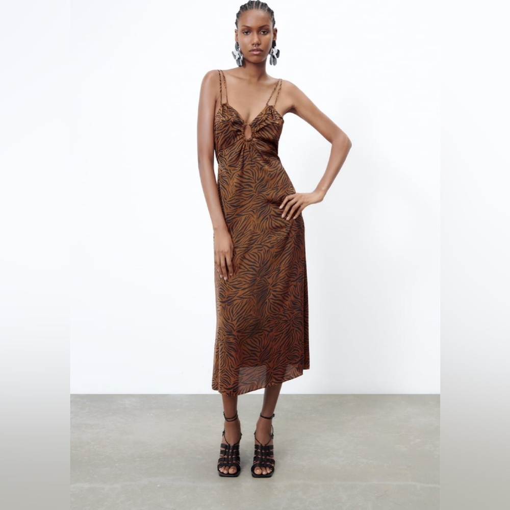 ZARA Satin Effect Animal Print Cut Out Slip Dress in size Small